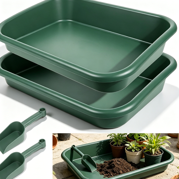 Two-Set Green Tidy Trays with Shovels 58x35x11 cm