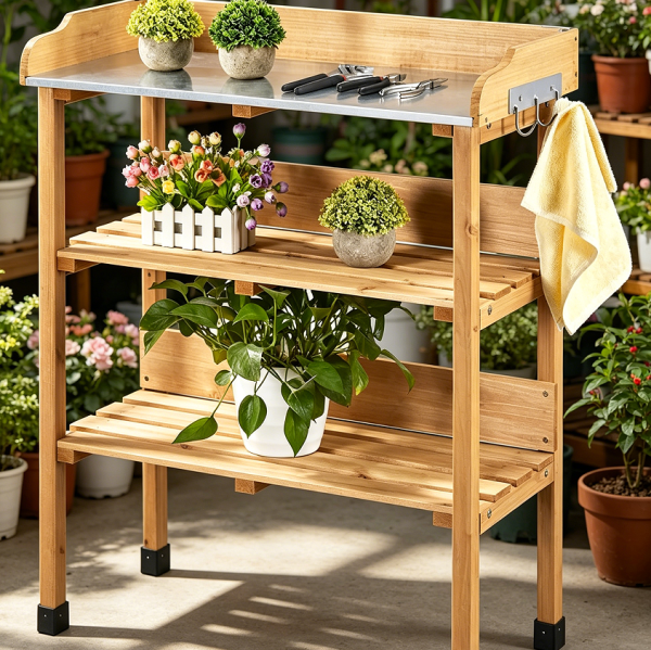 Wooden Outdoor Potting Bench Metal Tabletop Shelf Three Hooks