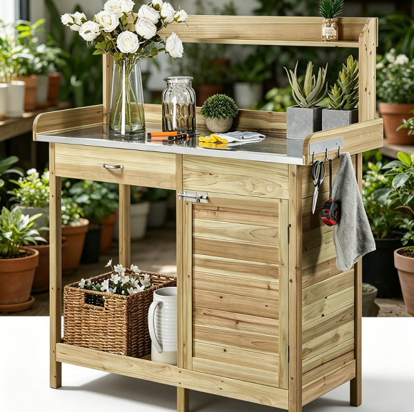 Light Green Garden Workbench Metal Tabletop Drawer Shelf Hooks