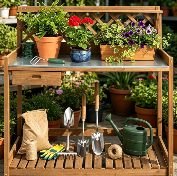 Brown Garden Potting Bench Metal Tabletop Drawer Lattice Back