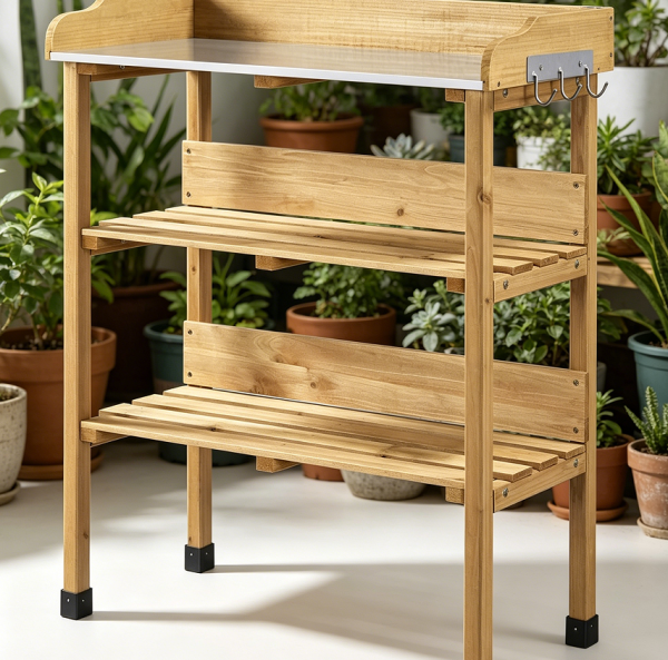 Natural Wood Fir Workstation Metal Tabletop Three Shelves Hook