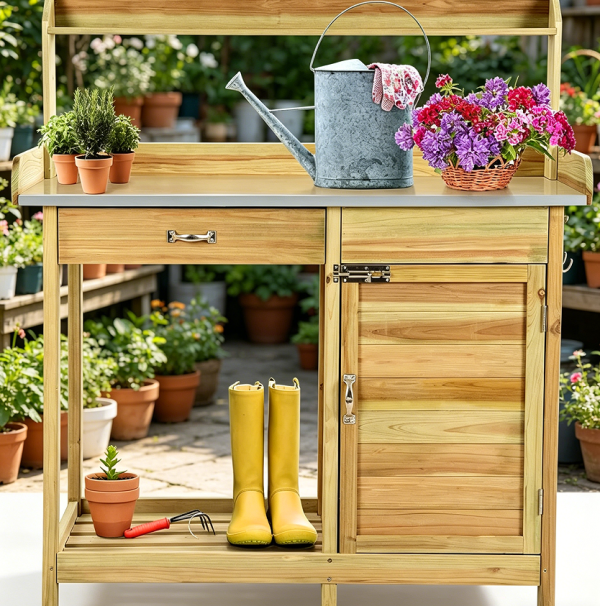 Outdoor Spruce Potting Bench Drawer Cabinet Shelf Hooks Metal Top